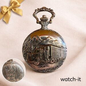 Watch-It Quartz Pocket Watch Semi Truck Design Silver Tone Vintage Style